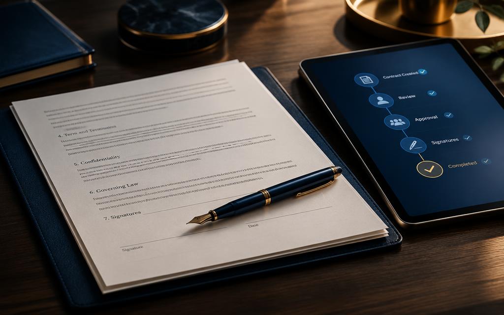 Contract pages with a fountain pen on the signature line beside a tablet showing an approval workflow