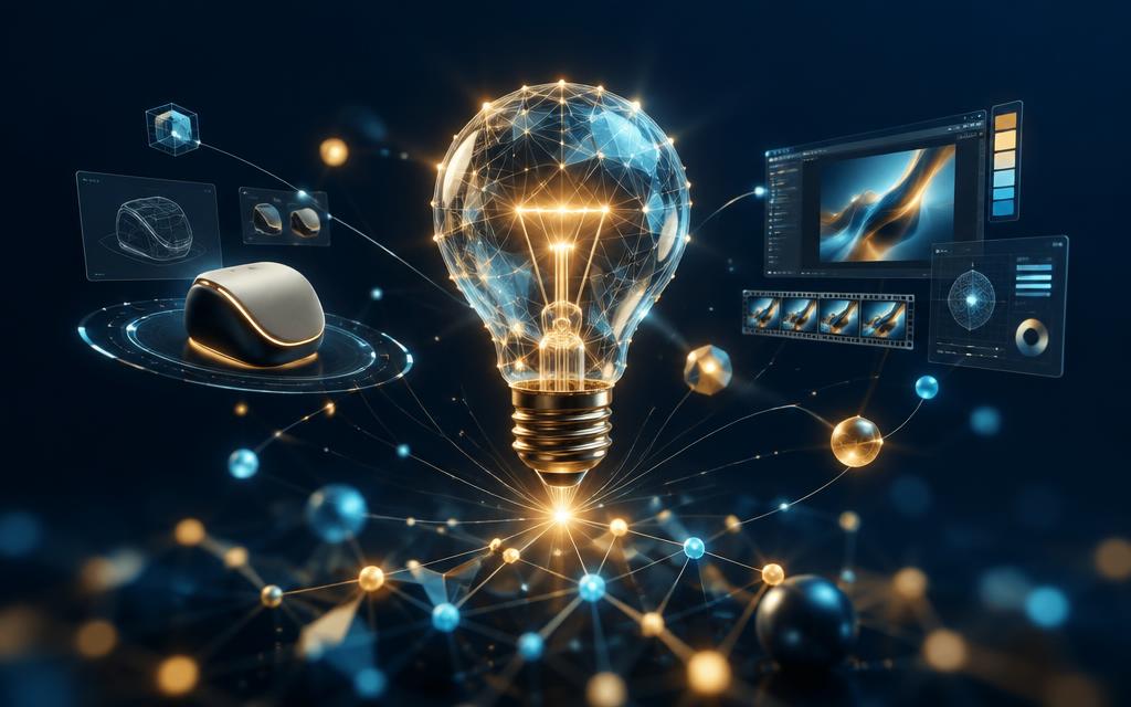 Glowing idea lightbulb linked to a network of ideas, a prototype and creative interfaces