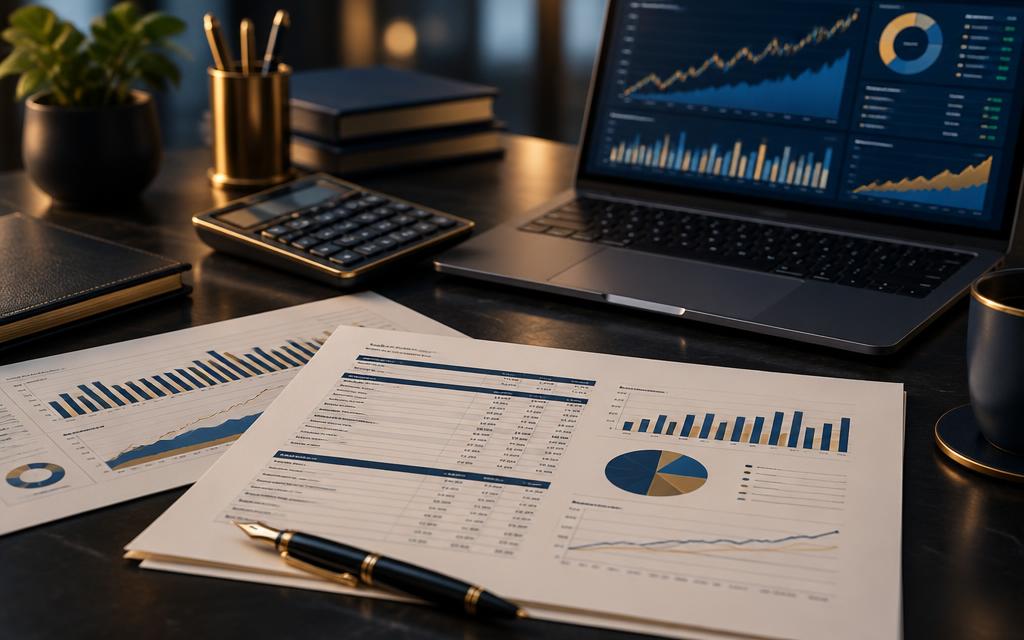 Financial statements, calculator and laptop showing a financial dashboard