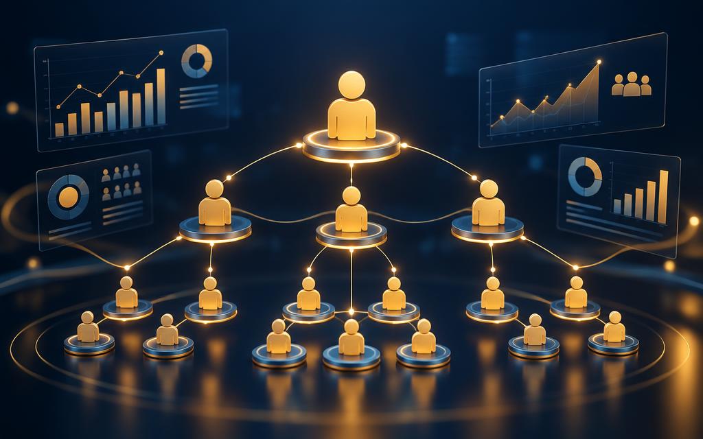 Organisational network of connected people nodes with workforce analytics charts