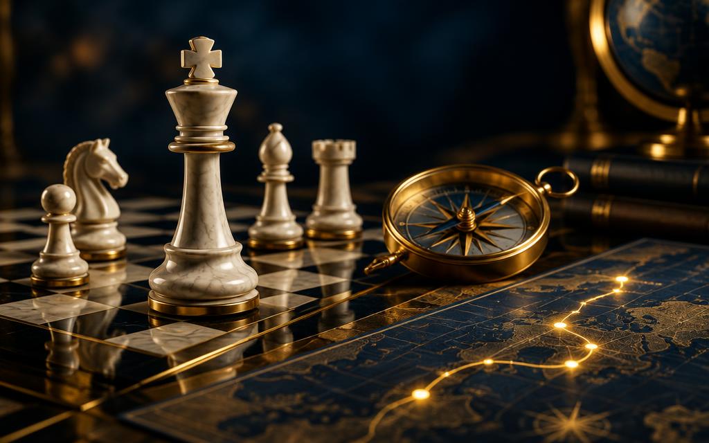 Chess pieces, a brass compass and a strategic roadmap with a lit path