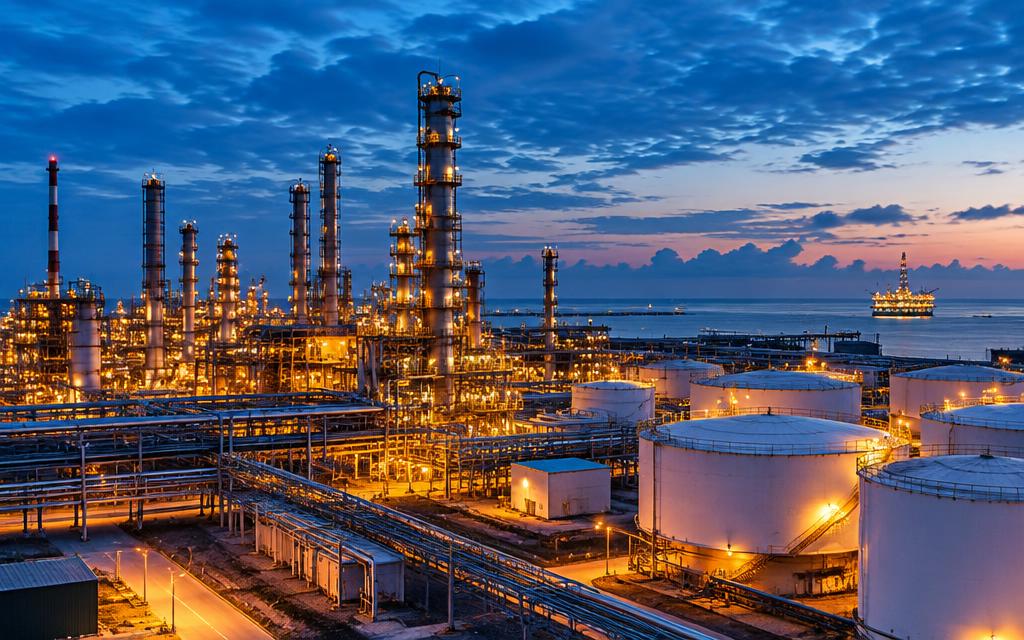 Oil refinery towers, pipelines and storage tanks at dusk with an offshore platform