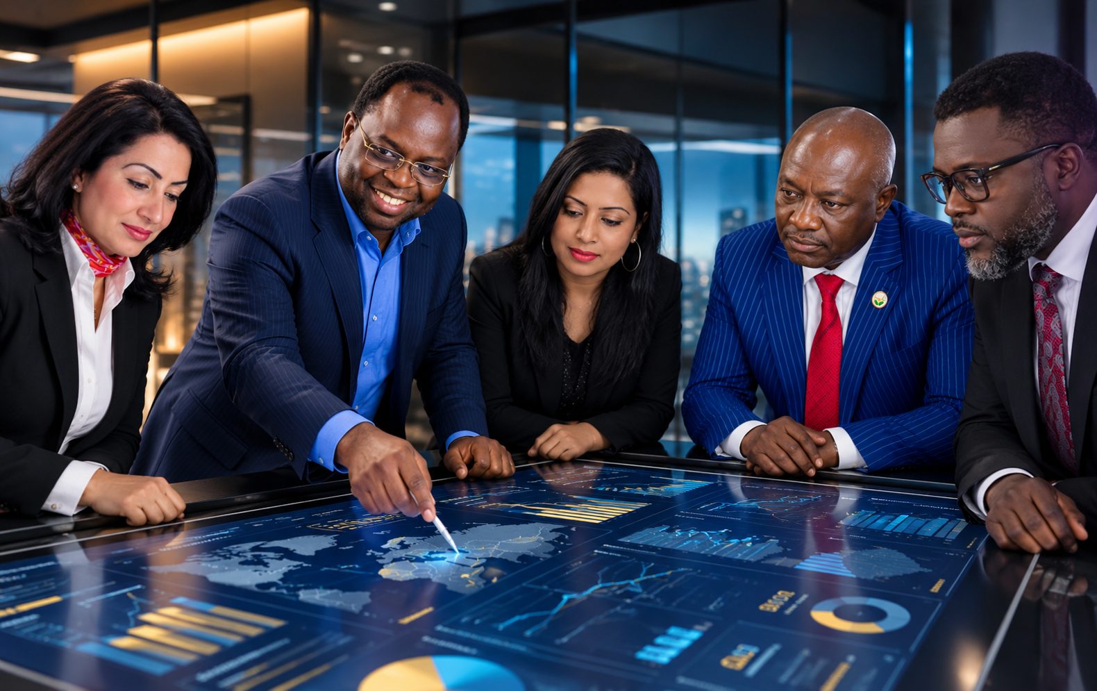 Executives collaborating around an interactive data table in an Oxford Learning session