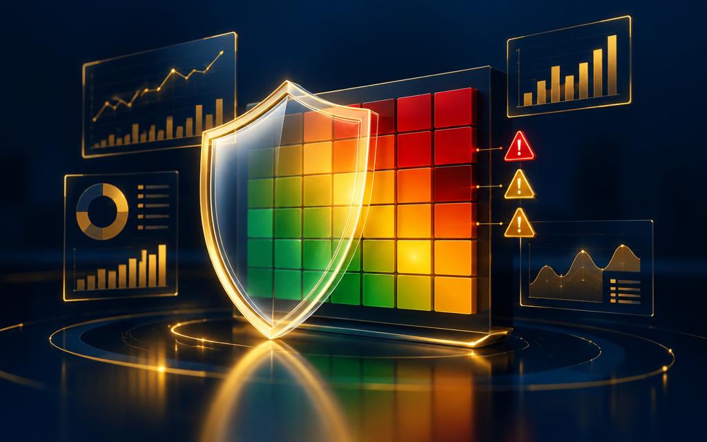 Protective shield in front of a risk heat matrix with alert indicators and analytics